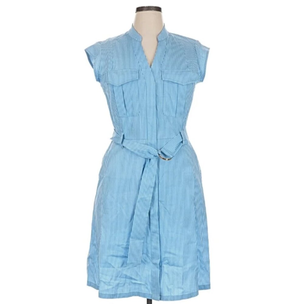 White House Black Market Outlet Button Down Belted A-Line Dress in Blue Stripes